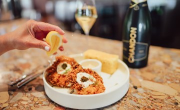 We're bringing a new vibe to lunch tastings with our perfect pairing. Chef Peter’s crave-worthy twist on a classic – think golden fried chicken, zesty yuzu ranch, a touch of caviar, and honey-buttered cornbread—paired to perfection with a glass of Yountville Vintage Brut, 2017.