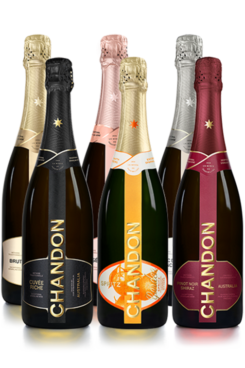 A pack of 6 bottles of CHANDON : Brut, Rosé, Blanc de Blanc, Vintage, Brut, Terroir