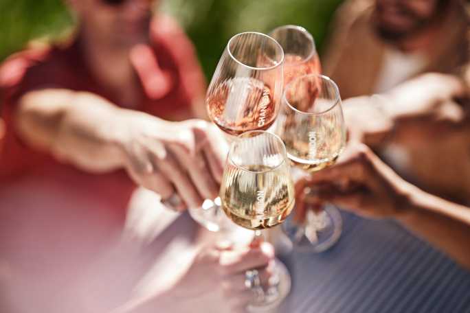 Brindis al sol con cuatro copas de espumante Chandon rosado y blanco entre amigos en Mendoza.