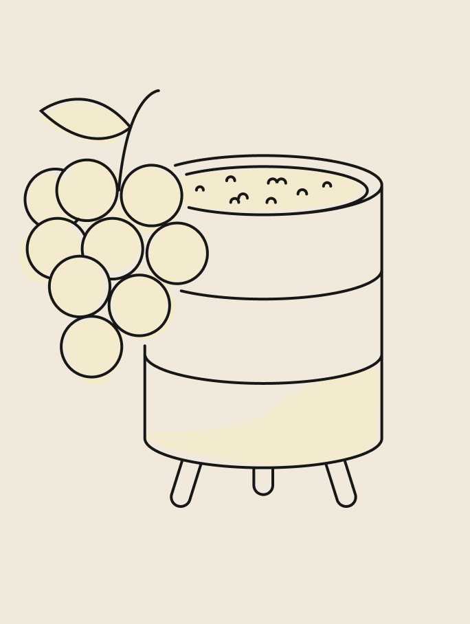 Ramo de uvas al lado de una cuba de fermentación de CHANDON Argentina en Mendoza.