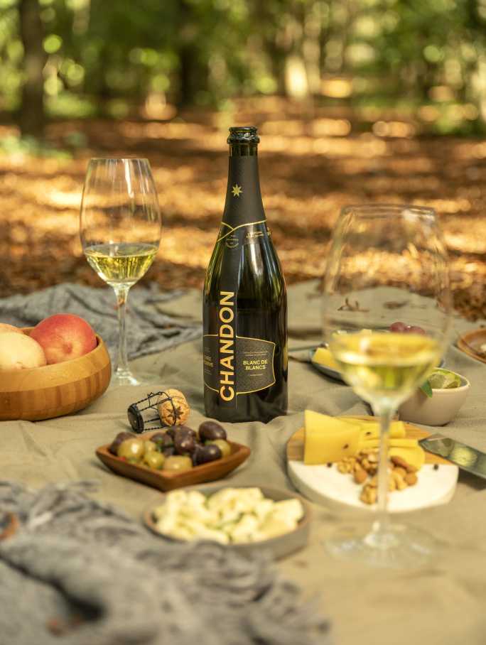 Chandon Argentina Blanc de Blancs en un picnic al aire libre con copas, frutas y quesos, reflejando Mendoza.