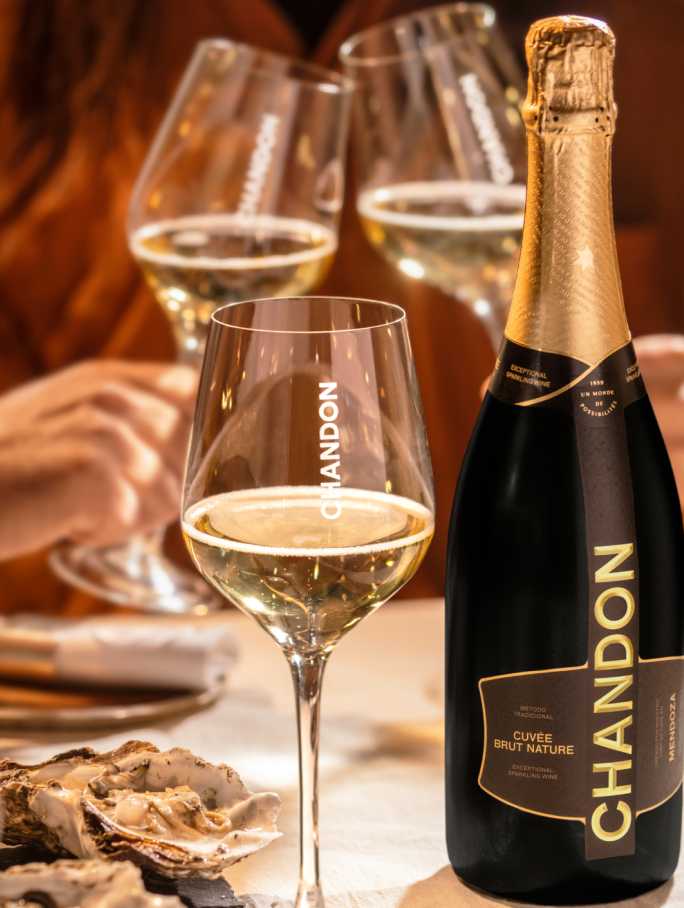 Botella de CHANDON Cuvée Brut Nature Mendoza, copas de vino espumoso y ostras frescas.