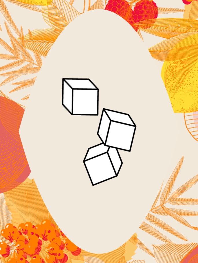 Icône stylisée de trois glaçons blancs avec des contours noirs, positionnés sur un fond orange détaillé avec des motifs décoratifs de fruits et de feuilles. Symbolise la fraîcheur et la température de service idéale pour le Chandon Spritz.