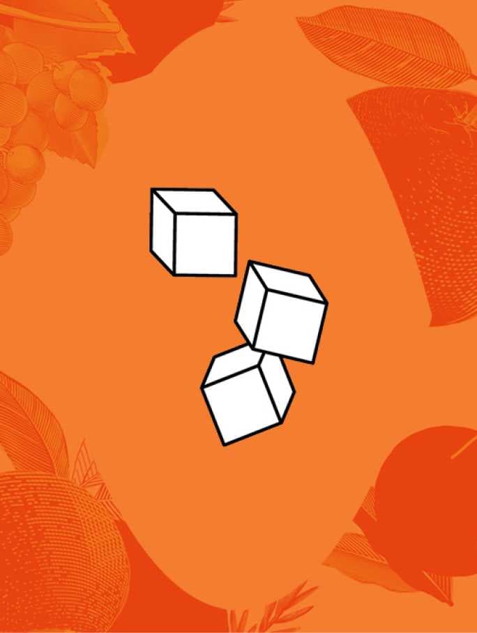 Illustration of three white ice cubes with black outlines, against an orange background with faint outlines of fruit and leaves.