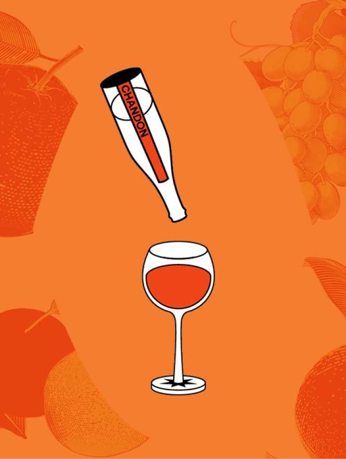 An illustrated image of a Chandon Spritz Orange Peels & Spicesbottle pouring into a wine glass, set against an orange background with faint outlines of fruit and leaves
