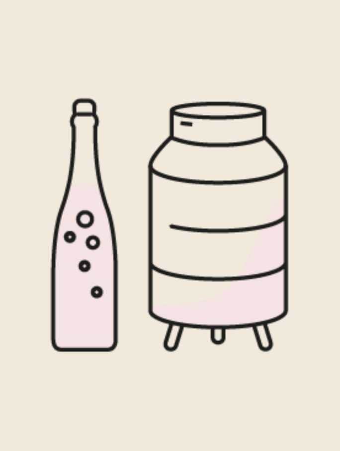 An illustration featuring one upright sparkling wine bottle with visible bubbles, positioned next to three identical sparkling wine bottles lying horizontally. This visually represents the Second Fermentation process for sparkling wine, where the wine undergoes its secondary fermentation in the bottle to create effervescence, often followed by a period of aging 'sur lattes' (on its side).