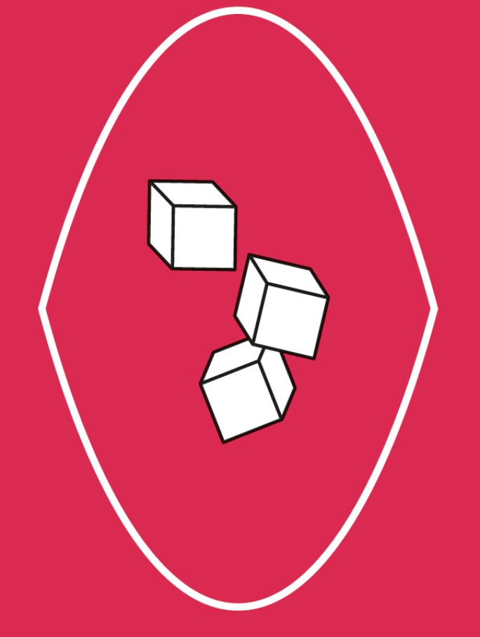 Icône stylisée de trois glaçons blancs avec des contours noirs sur un fond rouge vif. Symbolise la suggestion de service rafraîchissante et glacée pour le Chandon Spritz Berries & Hibiscus. 