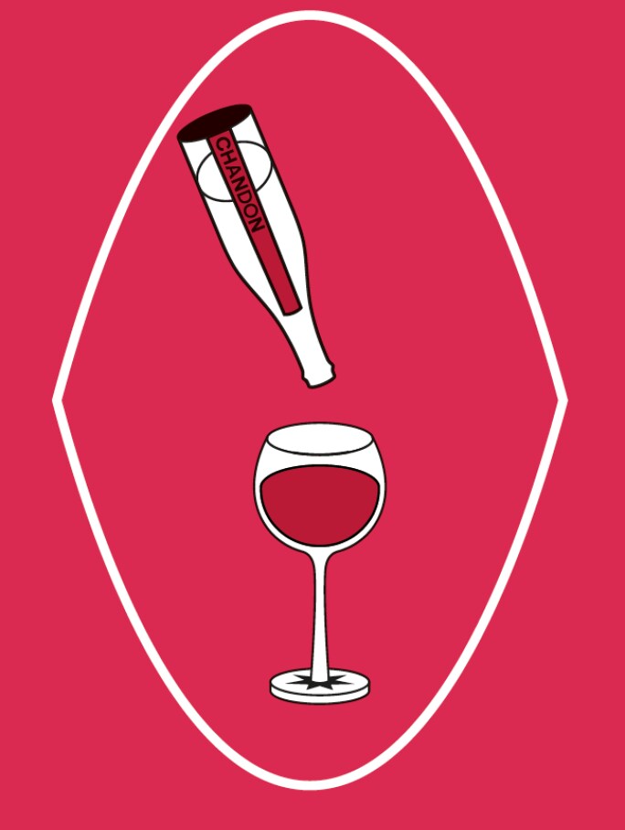 Stilisiertes Icon einer Chandon-Flasche, die eine rote Flüssigkeit in ein Weinglas eingießt, vor einem roten Hintergrund. Steht für den Genuss von Chandon Spritz Berries & Hibiscus und eignet sich ideal zur Steigerung des Engagements auf Produktseiten.