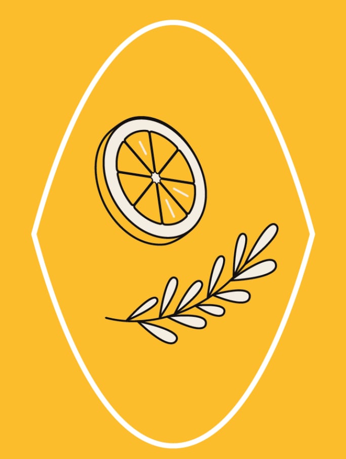 Icône stylisée d'une tranche de citron et d'une feuille blanche sur fond jaune. Élément visuel pour la saveur de citron et les accents botaniques du Chandon Spritz Citron & Verveine.