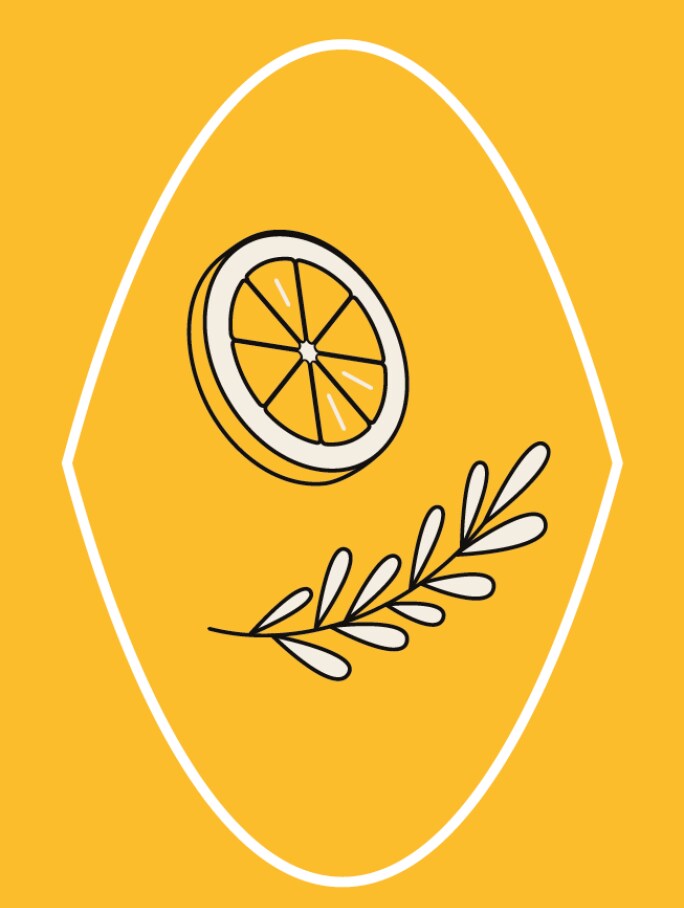 Stilisierte Ikone einer Zitronenscheibe und eines weißen Blatts auf gelbem Hintergrund. Visuelles Element für Zitronengeschmack und botanische Akzente in Chandon Spritz Lemon & Verbena.