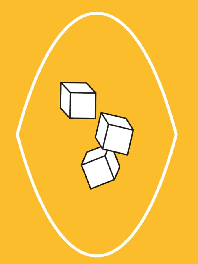 Stylized icon of three white ice cubes with black outlines on a yellow background. Represents refreshment and chilling for Chandon Spritz Lemon & Verbena.