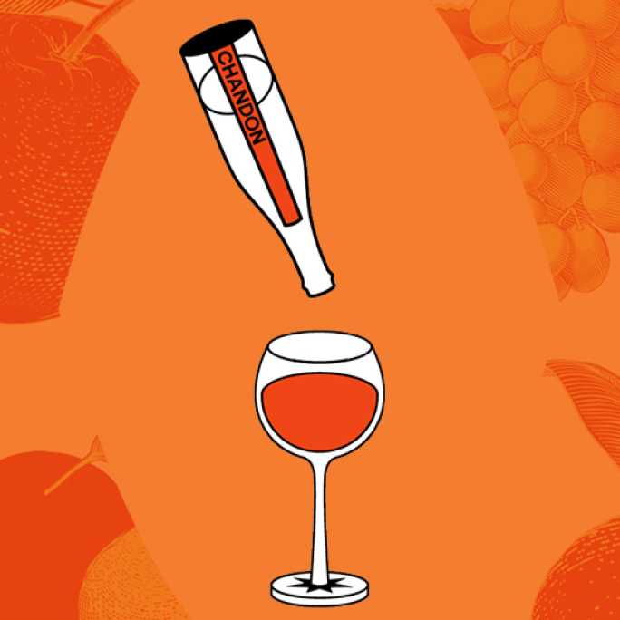 An illustrated image of a Chandon Spritz Orange Peels & Spicesbottle pouring into a wine glass, set against an orange background with faint outlines of fruit and leaves