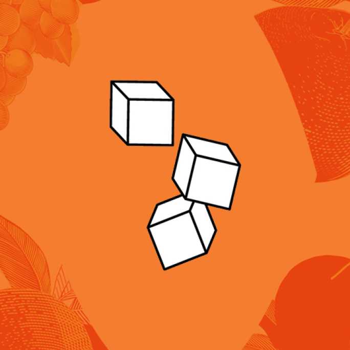 Illustration of three white ice cubes with black outlines, against an orange background with faint outlines of fruit and leaves.