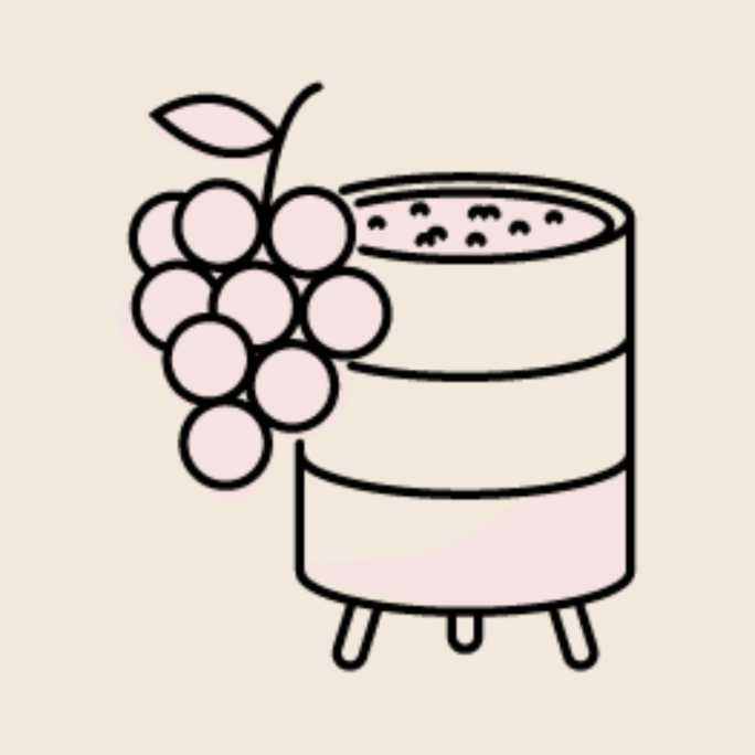 An illustration of a large bunch of grapes next to a cylindrical vat or tank, which contains a light pink liquid or shading at the bottom. The grapes and the vat together signify the primary fermentation process where grape juice turns into wine.