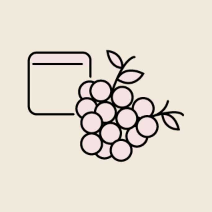 An illustration of a large, full bunch of grapes with leaves and vines, positioned next to a minimalist outline of a rectangular container or collection bin. This image directly represents the Harvest stage, the gathering of ripe grapes from the vineyard.