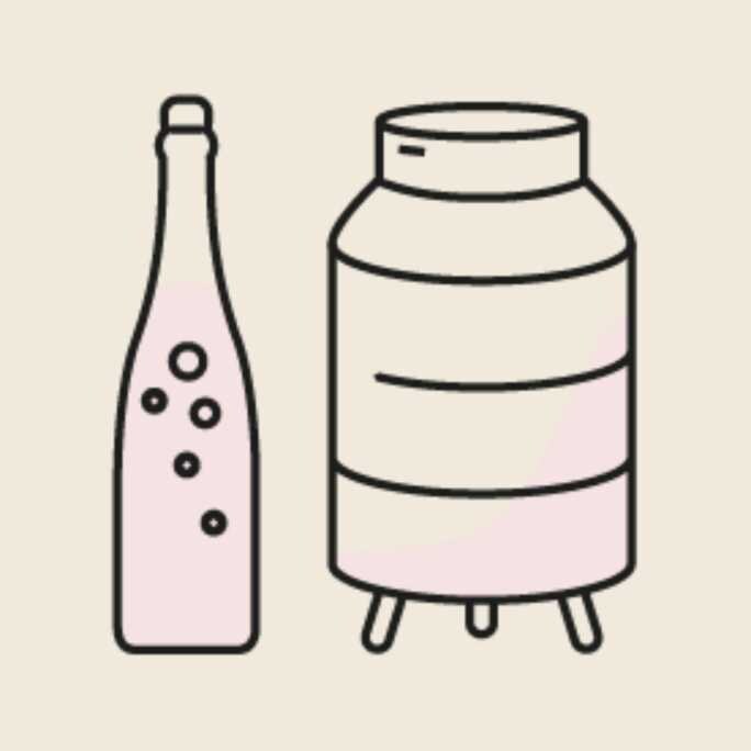 A line art illustration showing a wooden barrel or vat, brimming with grapes that are likely in the process of being crushed or fermented. A large bunch of grapes hangs from the side, signifying the early stages of winemaking