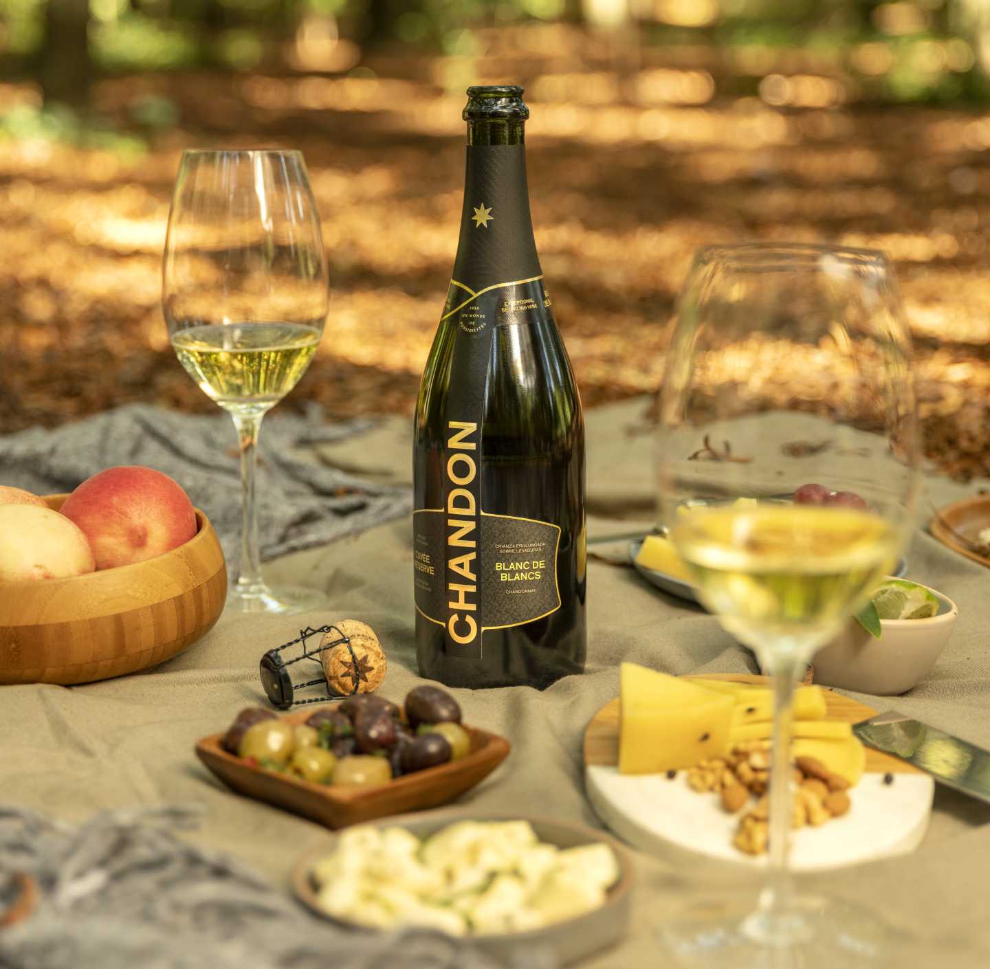 Chandon Argentina Blanc de Blancs en un picnic al aire libre con copas, frutas y quesos, reflejando Mendoza.