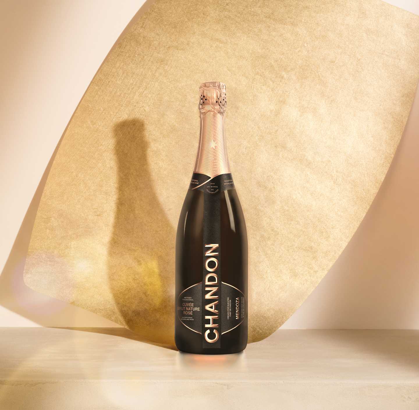 Botella CHANDON Cuvée Brut Nature Rosé Mendoza sobre fondo neutro iluminado.
