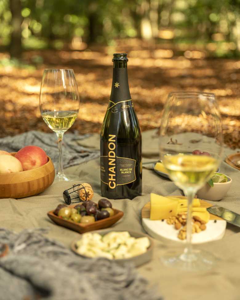 Chandon Argentina Blanc de Blancs en un picnic al aire libre con copas, frutas y quesos, reflejando Mendoza.
