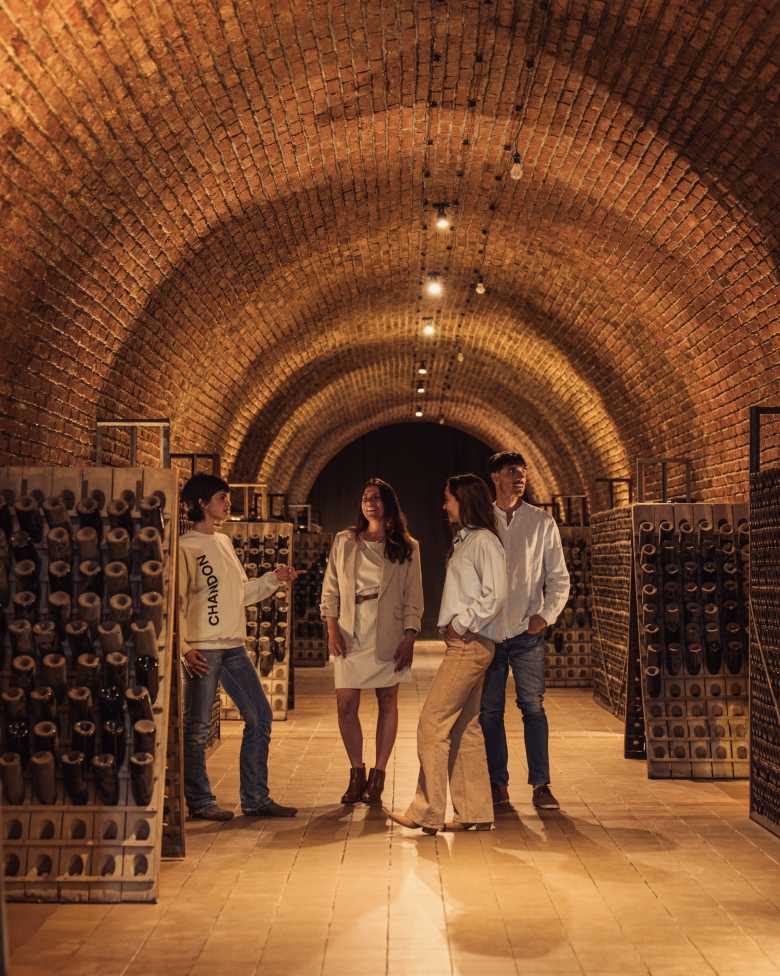 Cuatro personas charlando en una cava abovedada de ladrillos con estantes de botellas de espumante CHANDON.