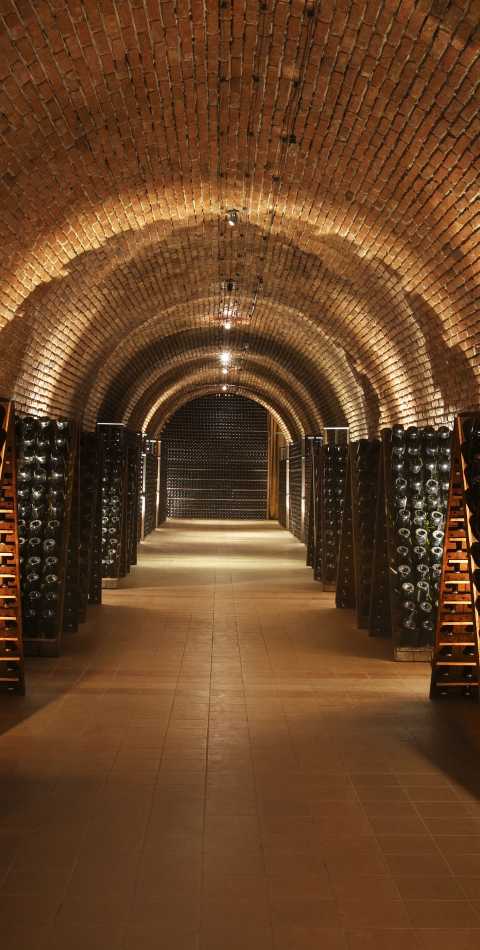 Cava de CHANDON Argentina con botellas de espumante madurando en estibas de ladrillo.